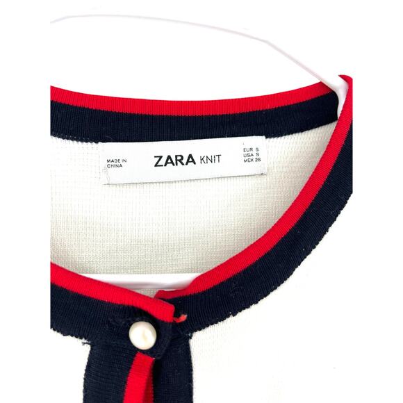 ZARA S Knit Pearl Cardigan V White Stripe-Trim Red Blue Sweater Cropped Classic - Picture 3 of 7
